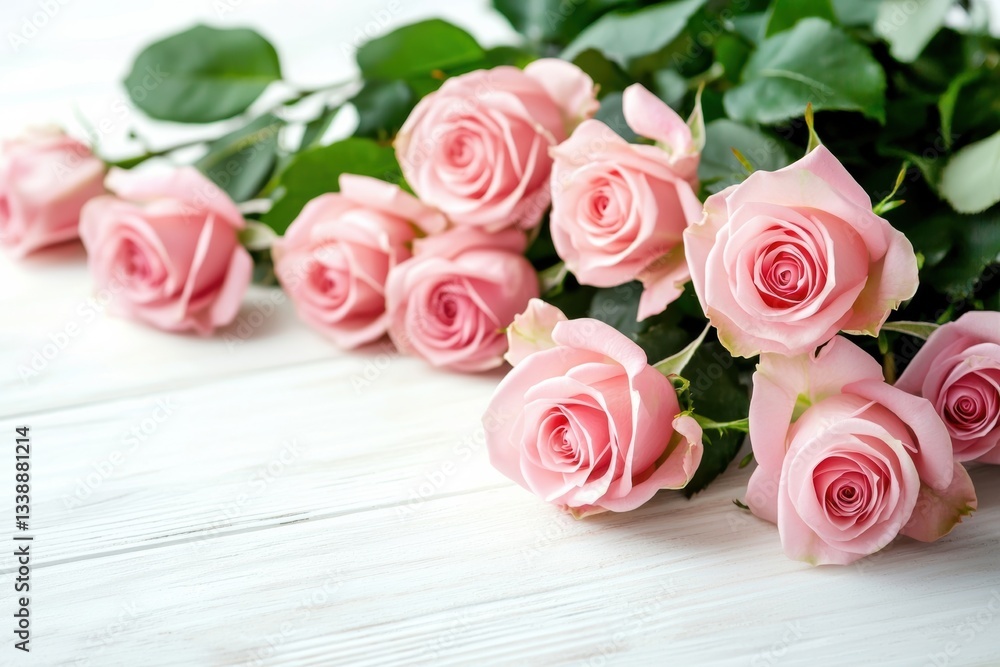 Bouquet beautiful pink roses on a white wooden background. Ideal for Women's Day, Mother's Day, or weddings. Bouquet beautiful pink roses on a white wooden background. Ideal for Women's Day, Mother's Day, or weddings.