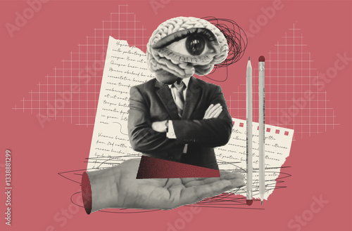 Creative collage with halftone brainstorming Imagination and Intelligence, featuring eyes as a symbol of vision  and insight. Vector.