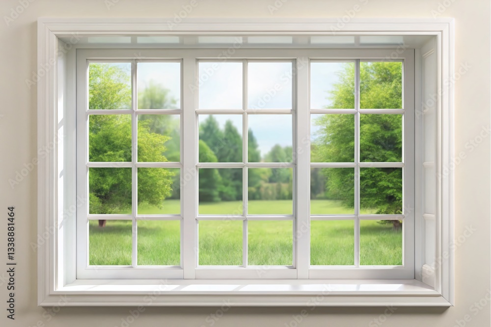 Obraz premium Nine-Pane Window, White Frame, Sunlight, Architectural Detail, 3D Render
