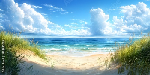 Wallpaper Mural Seaside Paradise: A panoramic view of an idyllic beach with clear turquoise waters, soft sand, and fluffy white clouds under a bright blue sky, offering a sense of peace and tranquility.  Torontodigital.ca
