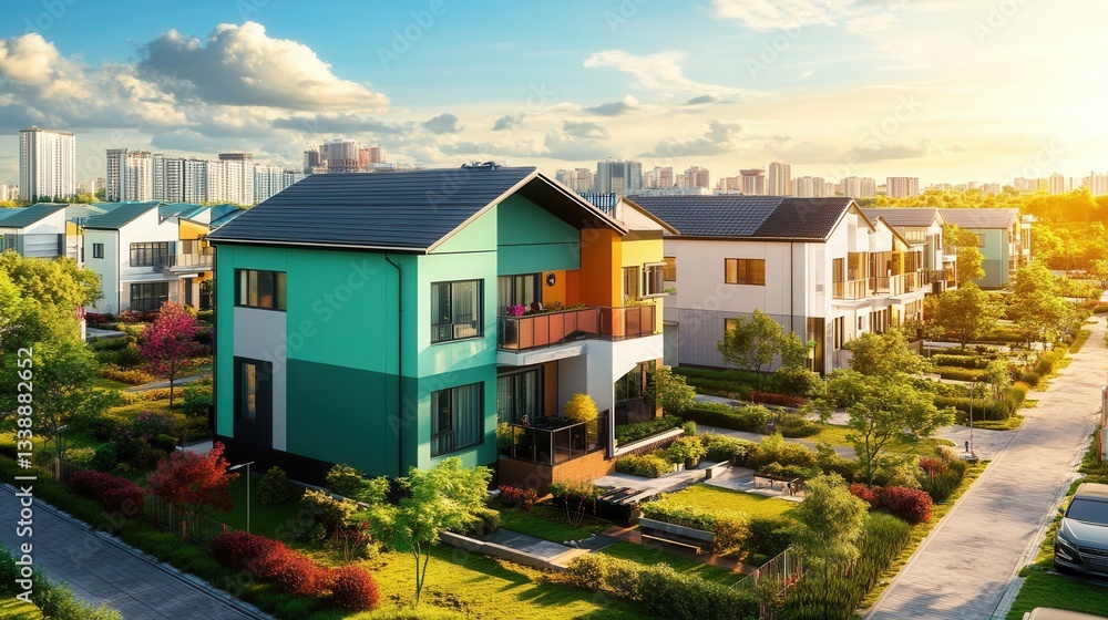 A vibrant futuristic smart city showcasing modern eco-friendly homes with solar panels led in a lush green landscape and a stunning cityscape backdrop at sunset. A vibrant futuristic smart city showcasing modern eco-friendly homes with solar panels led in a lush green landscape and a stunning cityscape backdrop at sunset.