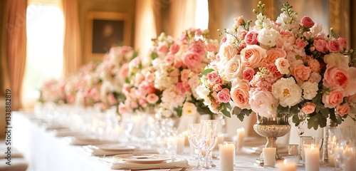 A glamorous wedding stage with towering flower arrangements and soft candlelight, with a blurred lavish ballroom setting
