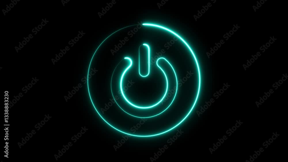 Neon glowing power button icon animated on a black background ,The appearance of neon symbol power off , Neon glowing power button icon animated on a black background ,The appearance of neon symbol power off ,