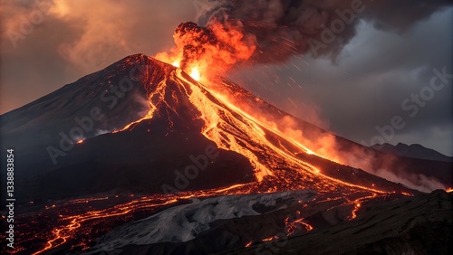 Volcanic Eruption: Witness the raw power of nature as a volcano erupts, spewing molten lava and billowing smoke under a dramatic sky.