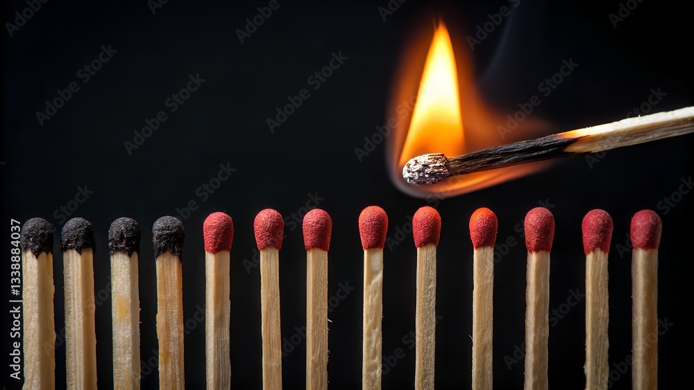Burning Match Initiation: A single match ignites a line of wooden matches, symbolizing the start of a chain reaction. Burning Match Initiation: A single match ignites a line of wooden matches, symbolizing the start of a chain reaction.