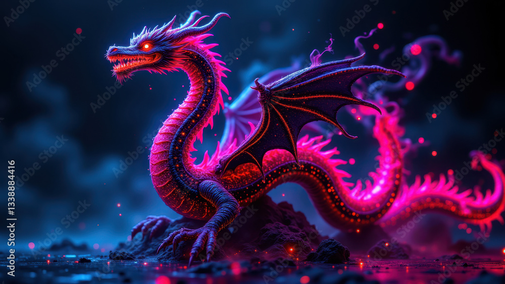 Fototapeta premium A majestic dragon with a fiery body breathes out smoke over a rocky terrain, symbolizing power and protection in cybersecurity.