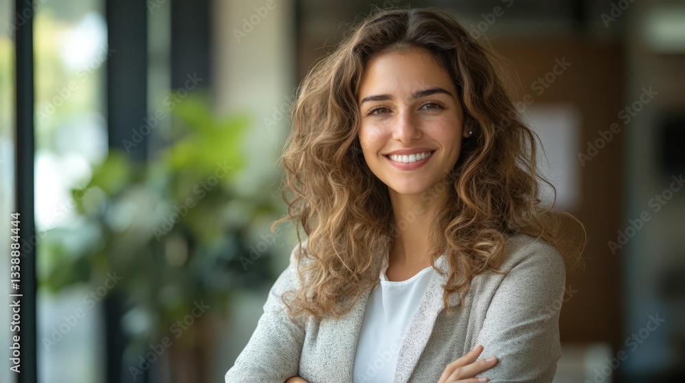 Confident Young Woman with Curly Hair Smiling Professional Portrait Confident Young Woman with Curly Hair Smiling Professional Portrait