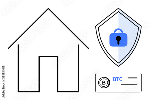 House outline, shield with padlock, and Bitcoin wallet symbol. Ideal for security, home safety, digital protection, cryptocurrency, financial security online privacy technology. Modern abstract