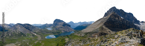 Fotografija Panorama of Rocky Mountain scene with small lake large mountain distant blue hills and transparent sky