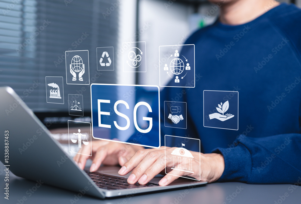 Fototapeta premium ESG Environmental Social Governance Concept. Working with ESG-related icons, sustainability, corporate responsibility, ethical business, environmental protection, responsible investment, governance,