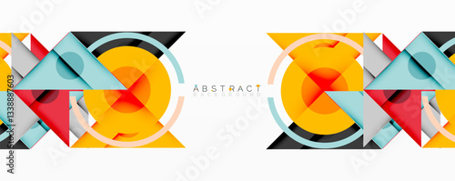 Geometric abstract design with layered triangles, circles, and gradients, forming a structured pattern with sharp contrasts and depth