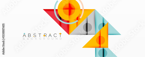 Geometric abstract design with layered triangles, circles, and gradients, forming a structured pattern with sharp contrasts and depth