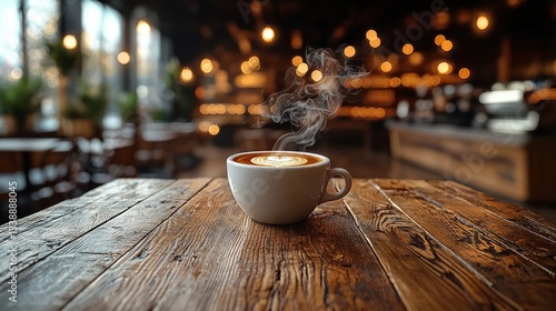 Steaming Cup of Coffee on Wooden Table in Cozy Cafe Setting
