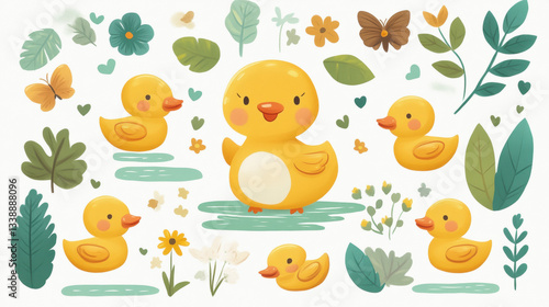 Mother Duck with Tiny Yellow Rubber Ducklings Playful Scene Nature Artistic View Whimsical Concept