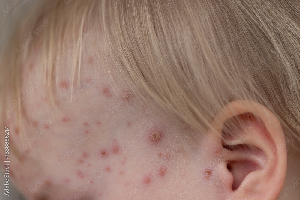 Fototapeta premium A young child with severe chicken pox illness covered in spots and blisters