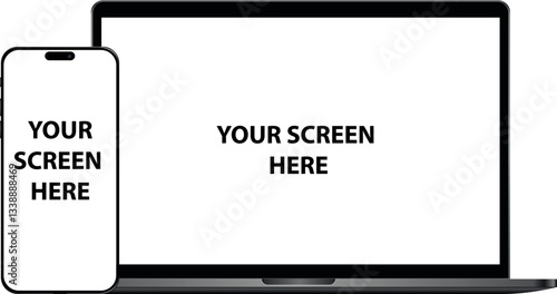 Modern laptop mockup front view and high quality smartphone isolated on white background.