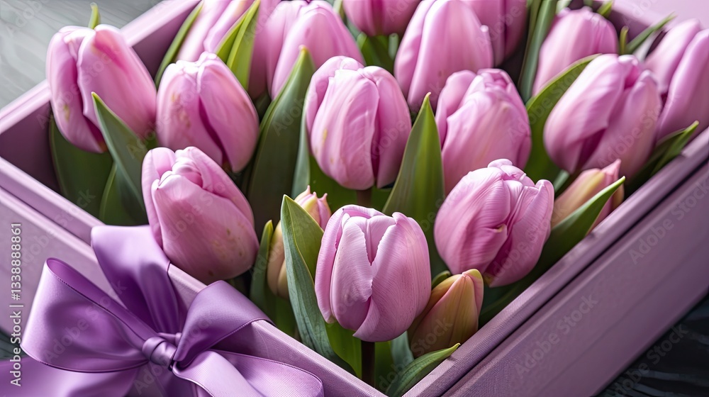 Fototapeta premium Pink tulips in a square box with a ribbon, in a pastel purple color