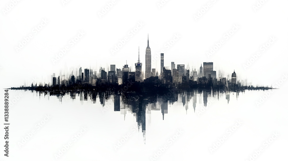 Fototapeta premium Panoramic photograph of skyline at night, against a white background