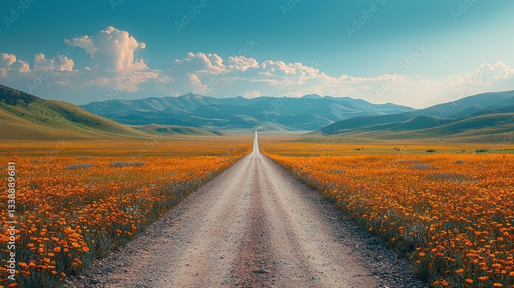 Naklejka premium Endless Straight Road Cutting Through Vast Landscape with Flowers