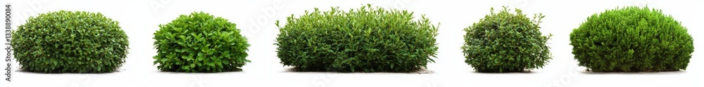 Fototapeta premium Five Green Shrubs Composition of Five Different Ornamental Shrubs on White Background, Landscape Design, Gardening landscaping, hedge