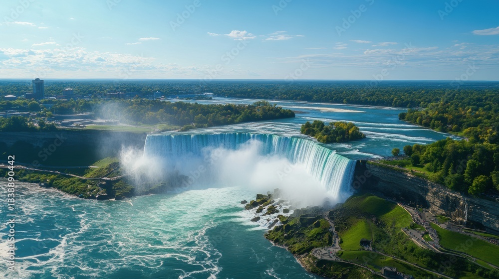 Majestic Niagara Falls cascades under clear blue sky Majestic Niagara Falls cascades under clear blue sky