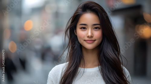 Wallpaper Mural A Serene Moment: An Asian woman with long, flowing black hair, radiates a soft and confident aura. She gazes gently, conveying approachability and warmth. Torontodigital.ca