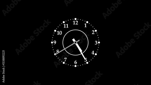 Minimalist Analog Clock isolated animation, A minimalist analog clock with white hands and numbers on a black background