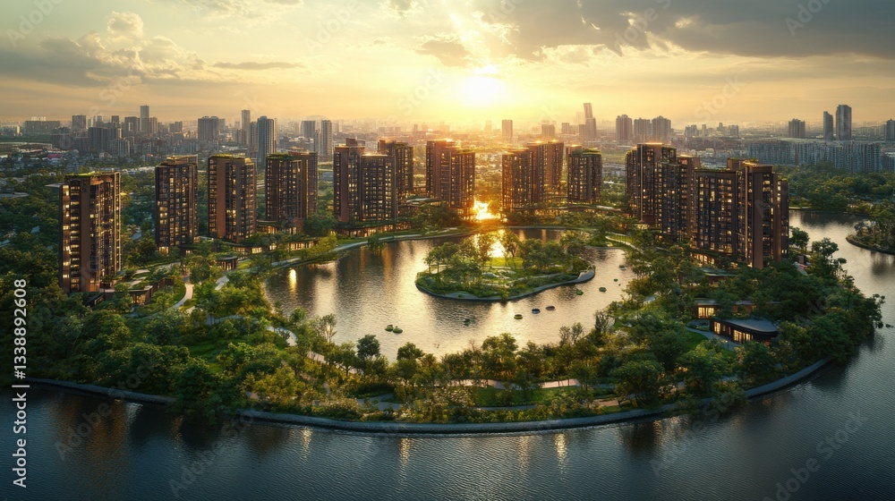 Fototapeta premium Breathtaking Aerial Photography of an Eco-Friendly City with Vibrant Nature, Stunning Buildings, and Serene Waterways