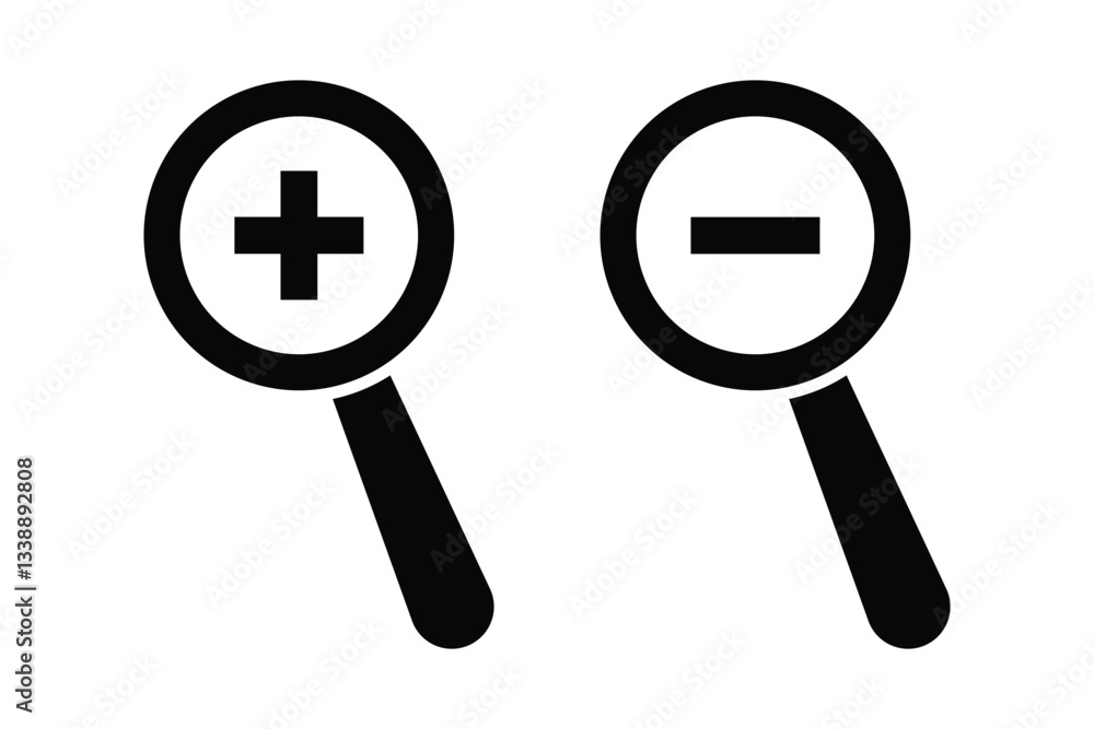 magnifier zoom in, zoom out symbol icon. vector illustration. Zoom in and Zoom out magnifying glass icon. eps 888. magnifier zoom in, zoom out symbol icon. vector illustration. Zoom in and Zoom out magnifying glass icon. eps 888.