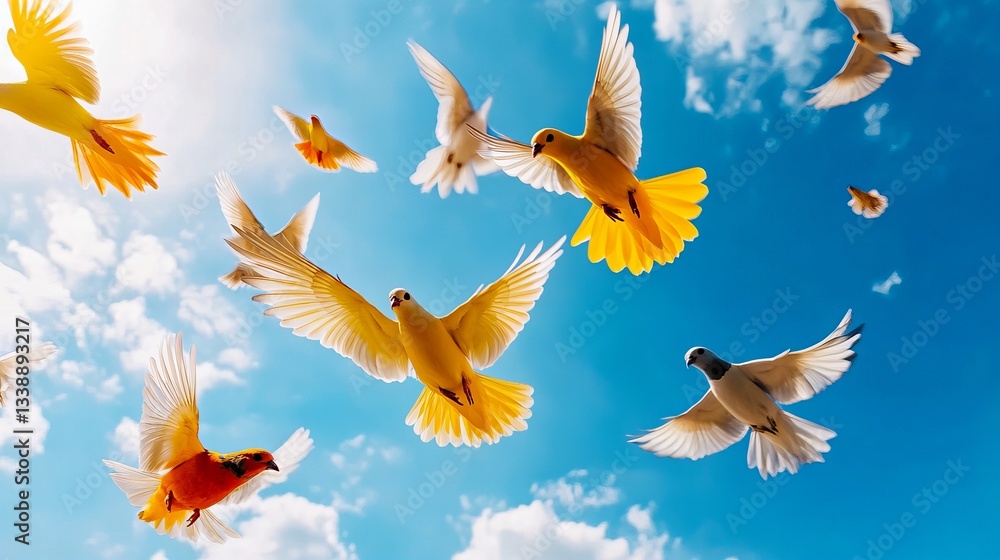 Obraz premium Several birds are flying through the bright blue sky with scattered white clouds, displaying their wings and vibrant colors in a dynamic aerial scene.