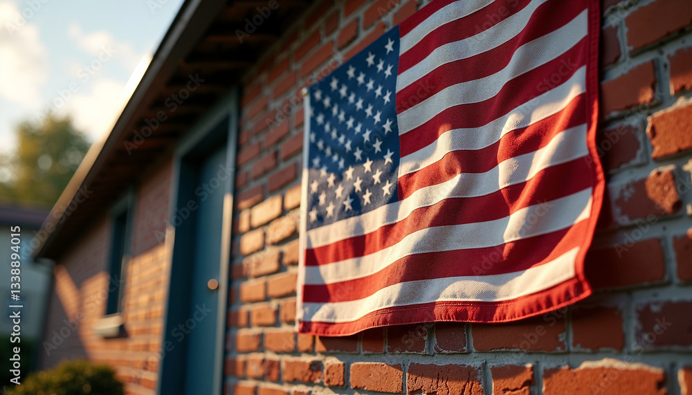 Obraz premium United States flag hanging on brick wall