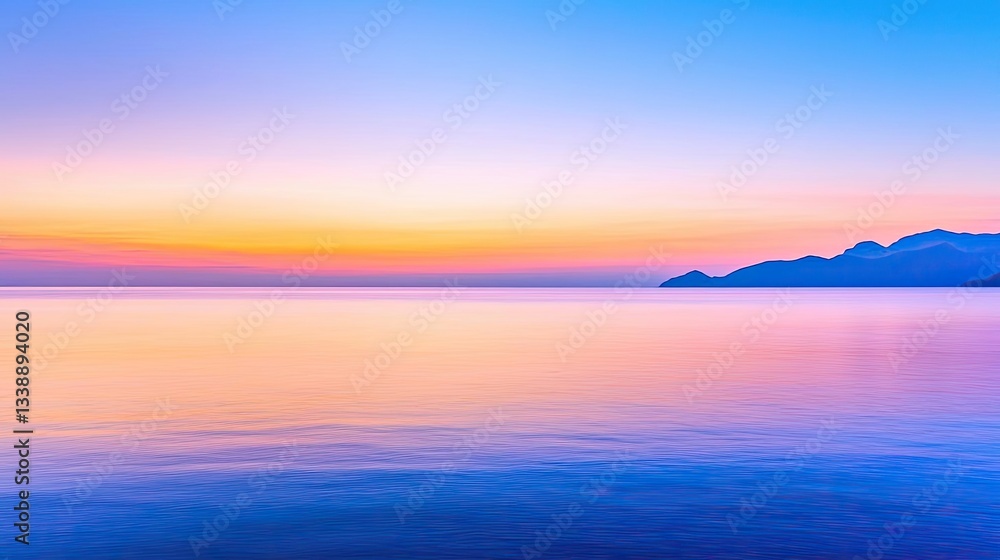 Beach waves landscapes idea. Colorful sunset over calm sea with distant mountains creating a serene atmosphere. Beach waves landscapes idea. Colorful sunset over calm sea with distant mountains creating a serene atmosphere.