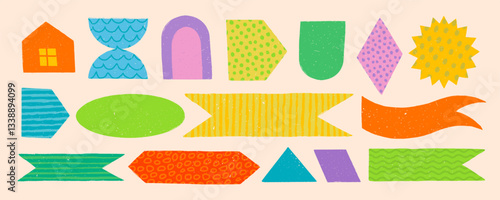 Vector abstract geometric shapes, memo bookmarks and flag banners for noteboo