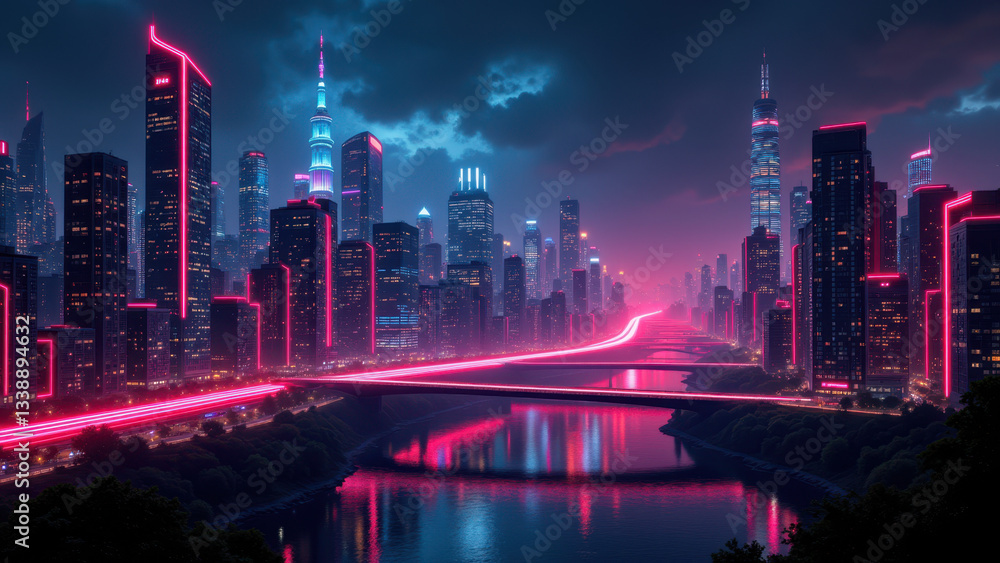 Obraz premium Futuristic city skyline with cyberpunk elements under a dramatic pink-hued sky.