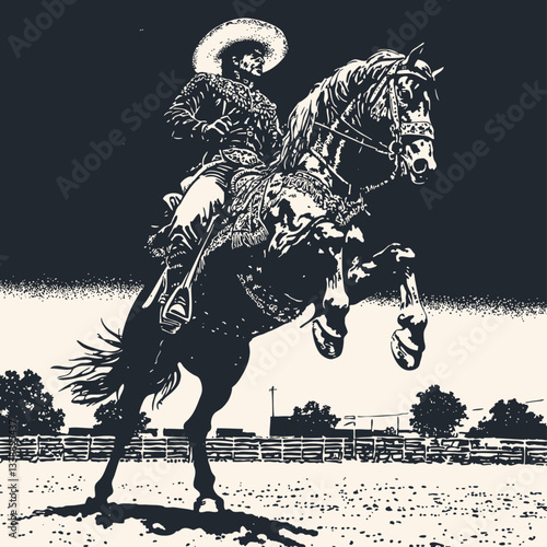 Vector illustration of a Mexican revolutionary rider on horseback wearing a sombrero and traditional attire. High contrast black and white artwork with detailed silhouette against light background.