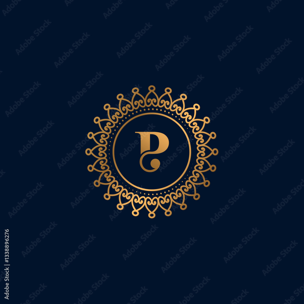 Fototapeta premium Gold Ornate Letter P Logo on Dark Blue