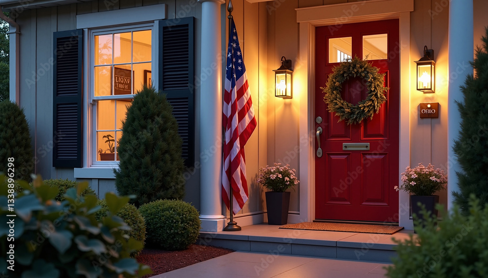Fototapeta premium Charming home entrance with red door and American flag