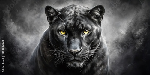 Monochrome Black Panther Watercolor Painting, Low Light Artistic Wildlife Art