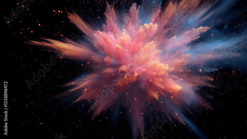 Explosive Creativity: A vibrant, colorful explosion of pigments against a stark background, showcasing the dynamic interaction of light and particles
