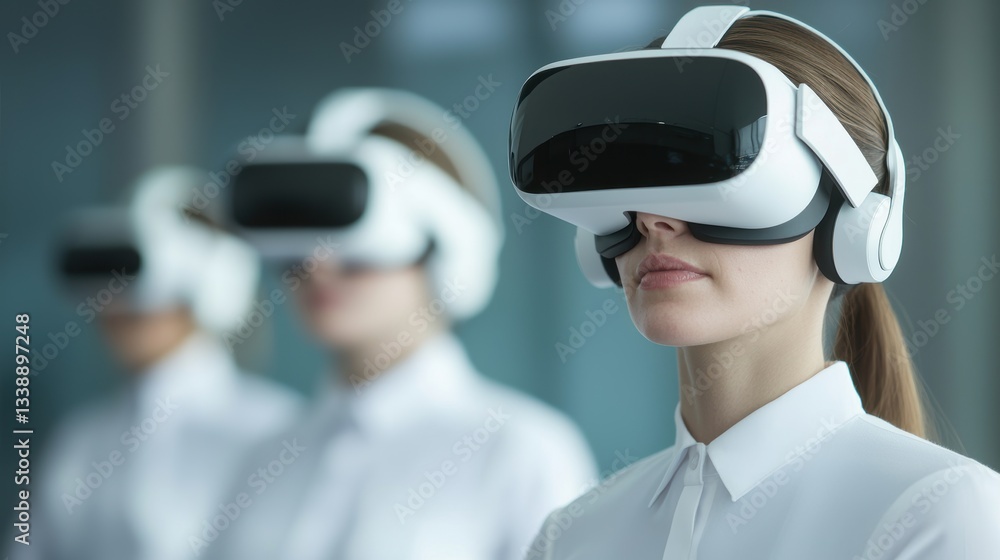 Three individuals wearing virtual reality headsets, immersed in a digital experience, showcasing the future of technology and interaction. Three individuals wearing virtual reality headsets, immersed in a digital experience, showcasing the future of technology and interaction.