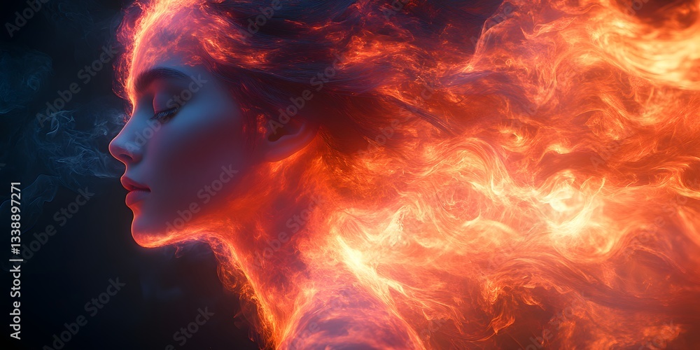 Fiery Fusion: A woman's face in profile is engulfed by vibrant flames, with a strong sense of transformation and power. Fiery Fusion: A woman's face in profile is engulfed by vibrant flames, with a strong sense of transformation and power.