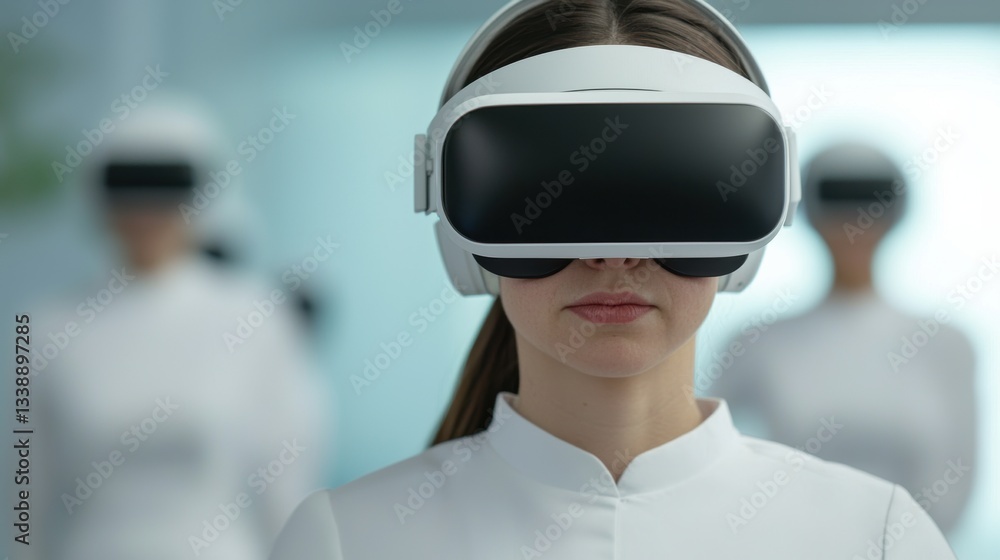 A woman wearing a VR headset in a futuristic setting, surrounded by others, showcasing advanced technology and immersive experiences. A woman wearing a VR headset in a futuristic setting, surrounded by others, showcasing advanced technology and immersive experiences.