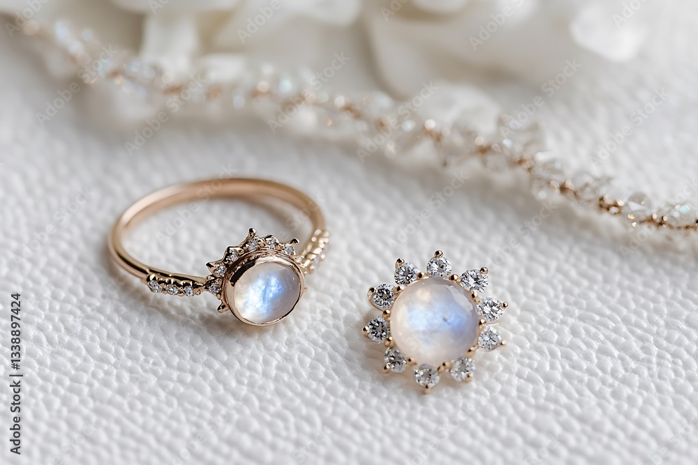 A boho-inspired diamond moonstone ring next to a celestial diamond necklace, arranged delicately on a white textured background. A boho-inspired diamond moonstone ring next to a celestial diamond necklace, arranged delicately on a white textured background.