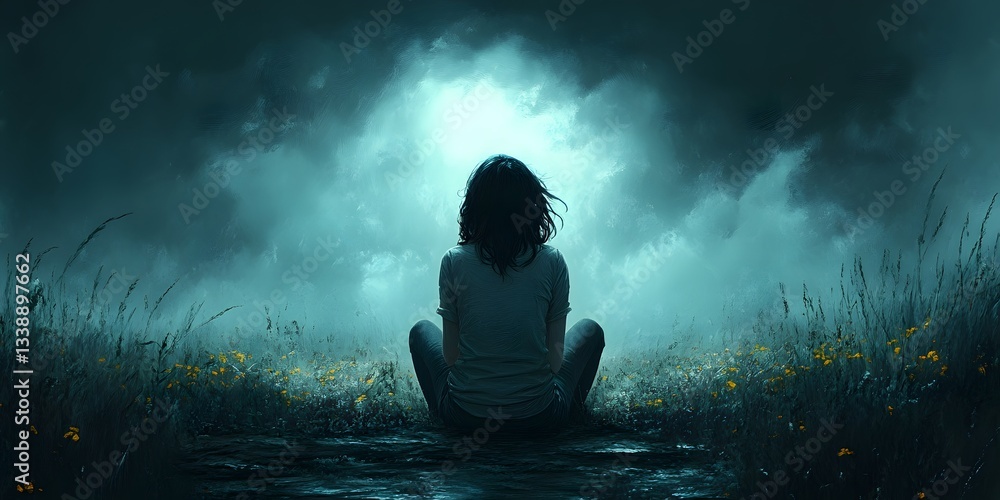 Solitude Under the Ethereal Glow: A lone figure sits peacefully, absorbing the tranquility and reflecting the vastness of the mystical scene. Captured in a dark, moody setting. Solitude Under the Ethereal Glow: A lone figure sits peacefully, absorbing the tranquility and reflecting the vastness of the mystical scene. Captured in a dark, moody setting.