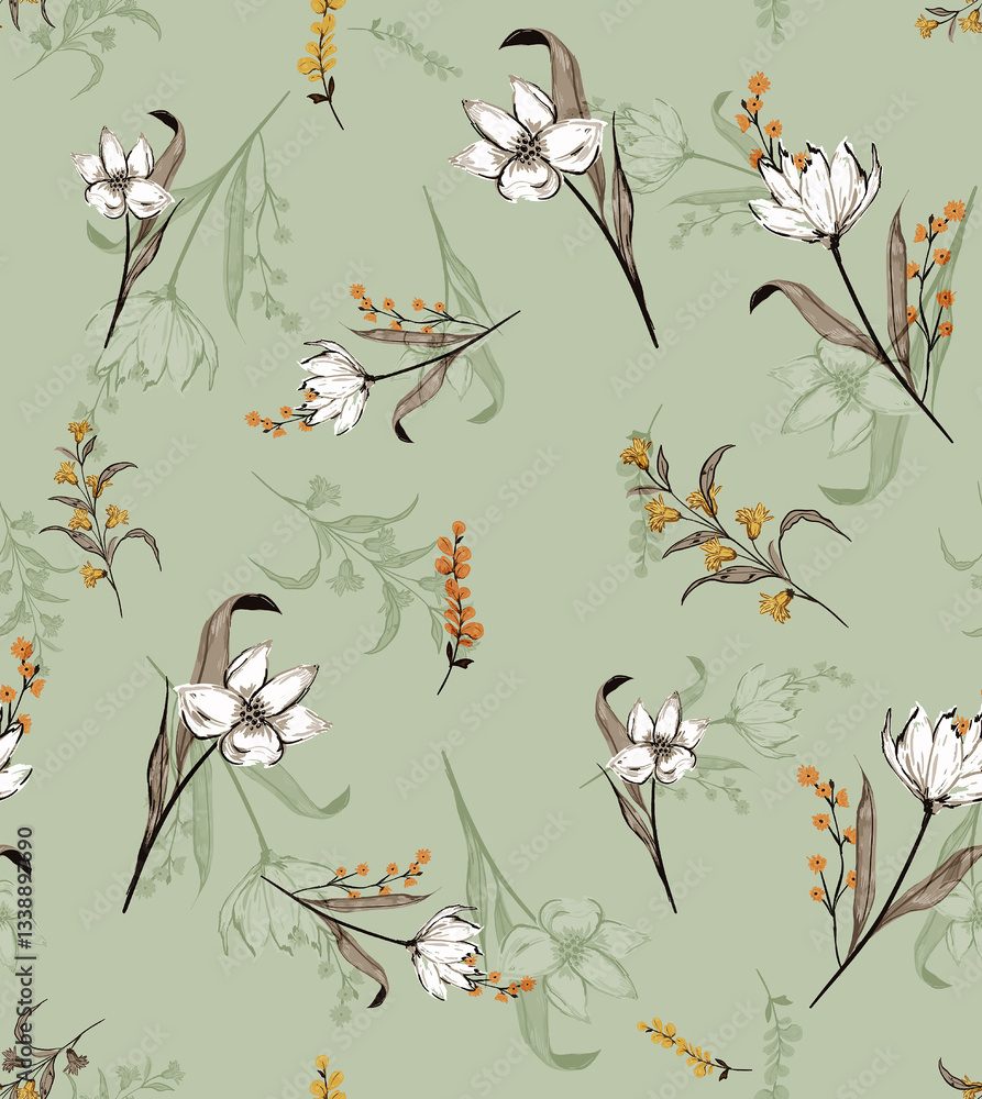 Obraz premium Seamless hand drawn floral pattern. Carpet pattern background. Modern floral wallpaper tile. Watercolor pattern for fabric, apparel, wallpaper. Unique flowers design.