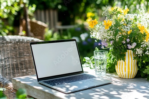 A laptop with a blank screen is placed on the table in an outdoor dining area, surrounded by greenery and flowers, mock-up photography style