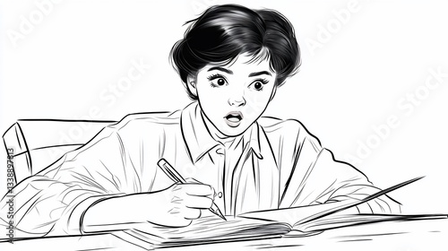 Surprised young woman caught off guard while studying or taking notes