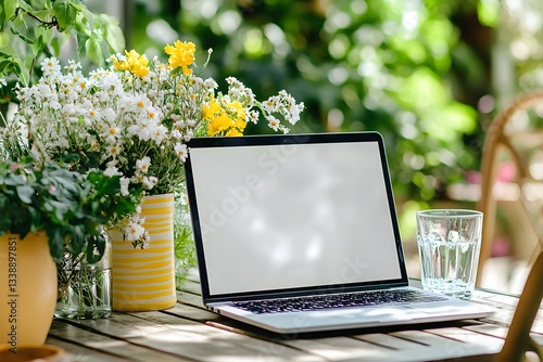 A laptop with a blank screen is placed on the table in an outdoor dining area, surrounded by greenery and flowers, mock-up photography style