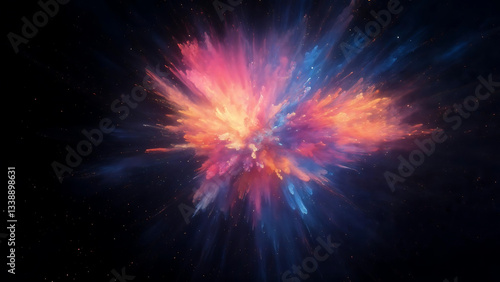 Explosion of Colors in Universe: Capturing the power and beauty of a cosmic event, a vibrant explosion of colors radiates outwards against a dark background.