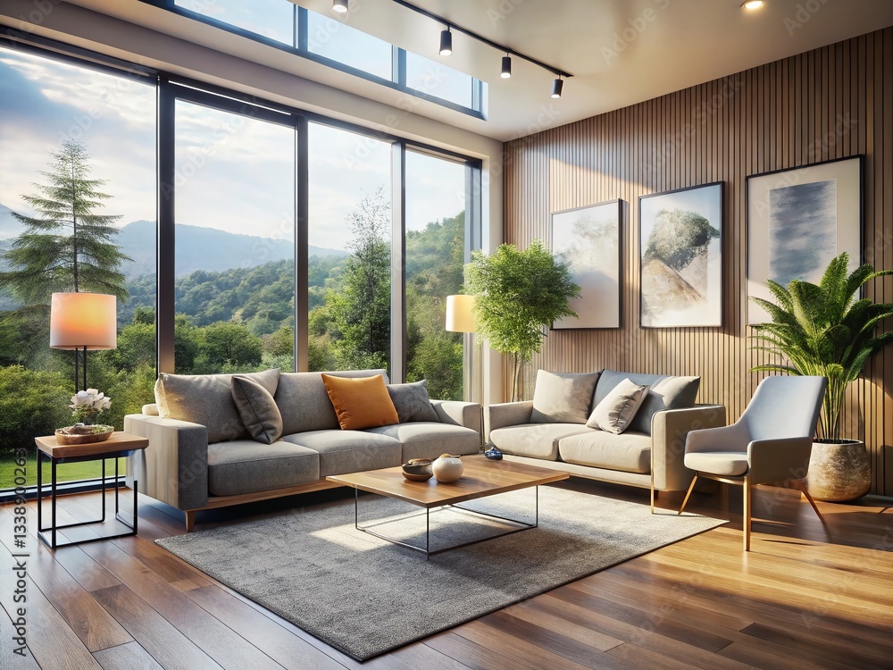 Fototapeta premium Modern Living Room with Panoramic Window, Two Posters, Natural Light - Stock Photo